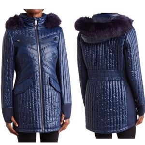 Michael Kors Faux Fur Trim Hooded Puffy Jacket In Blue